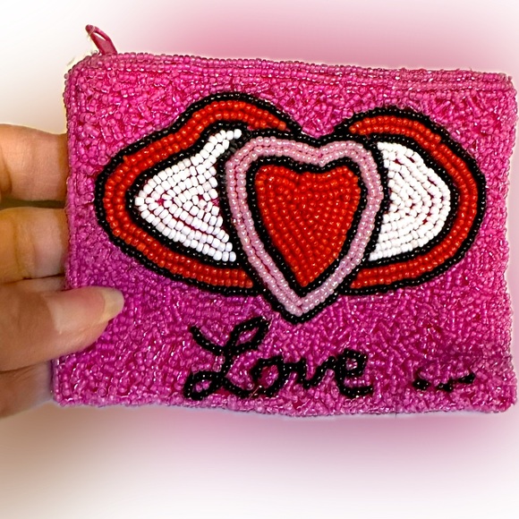 VTG RARE BARSE ZIPPER BEADED COIN PURSE BAG HEART VALENTINE PINK LOVE 4.75”x3.5” - Picture 3 of 9